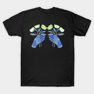 Blue hands with green flowers for yous for you on black background T-Shirt